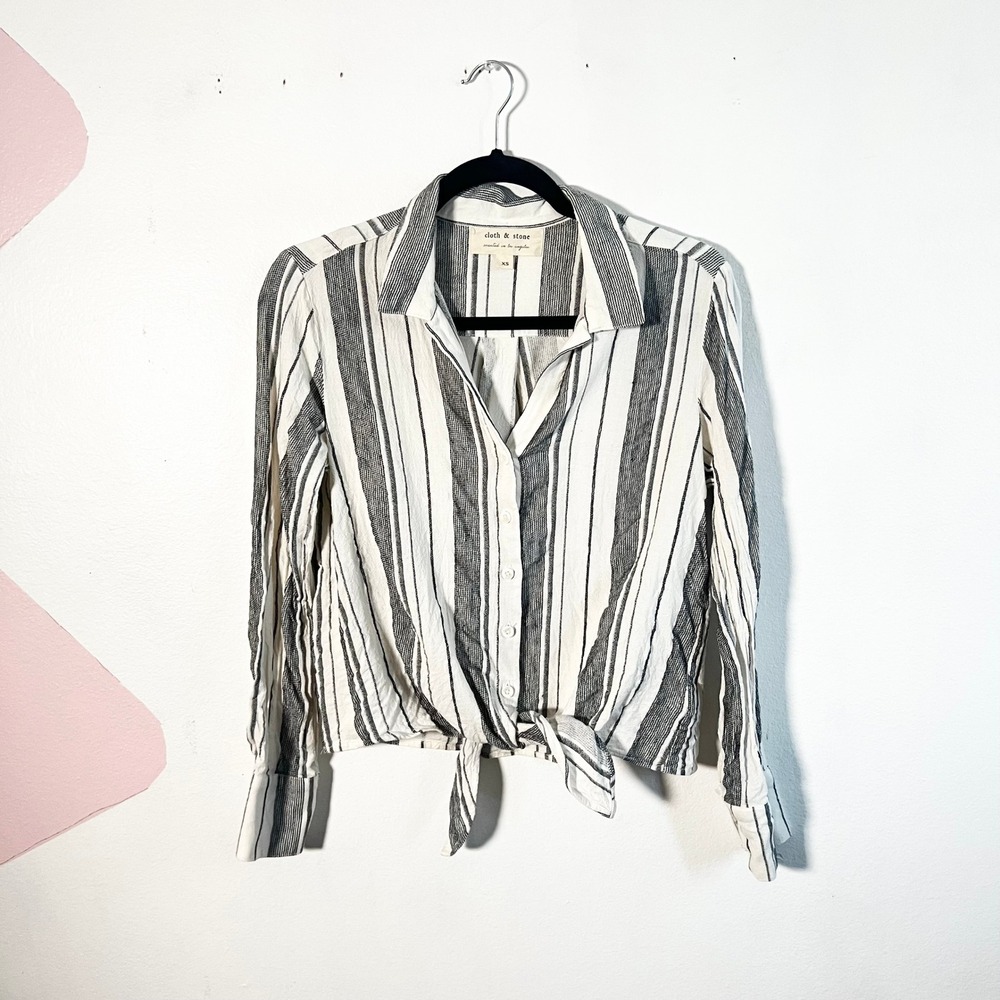 Cloth & Stone Button Shirt Women's XS White Striped Tie Front Linen Blend